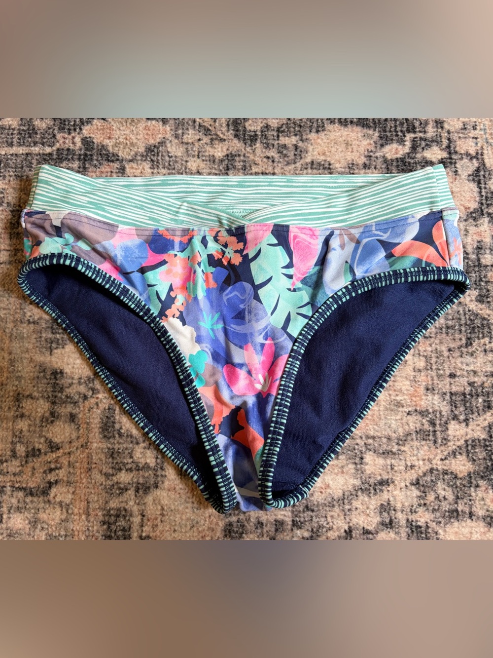 Athleta Girl Navy Floral Bikini Bottom with Mint Waistband